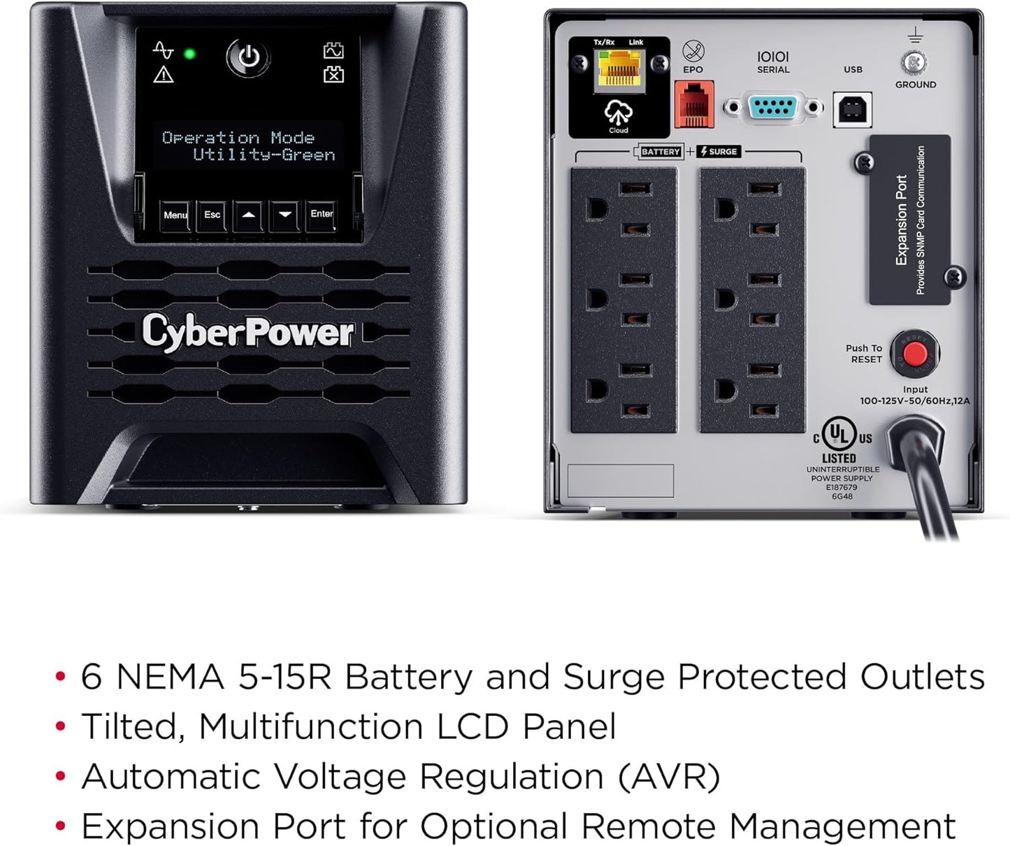 PR750LCD3C Smart App Sinewave UPS Battery Backup and Surge Protector, 750VA/750W, 6 Outlets, AVR, Mini-Tower, Built-In Cloud Monitoring, UL Certified