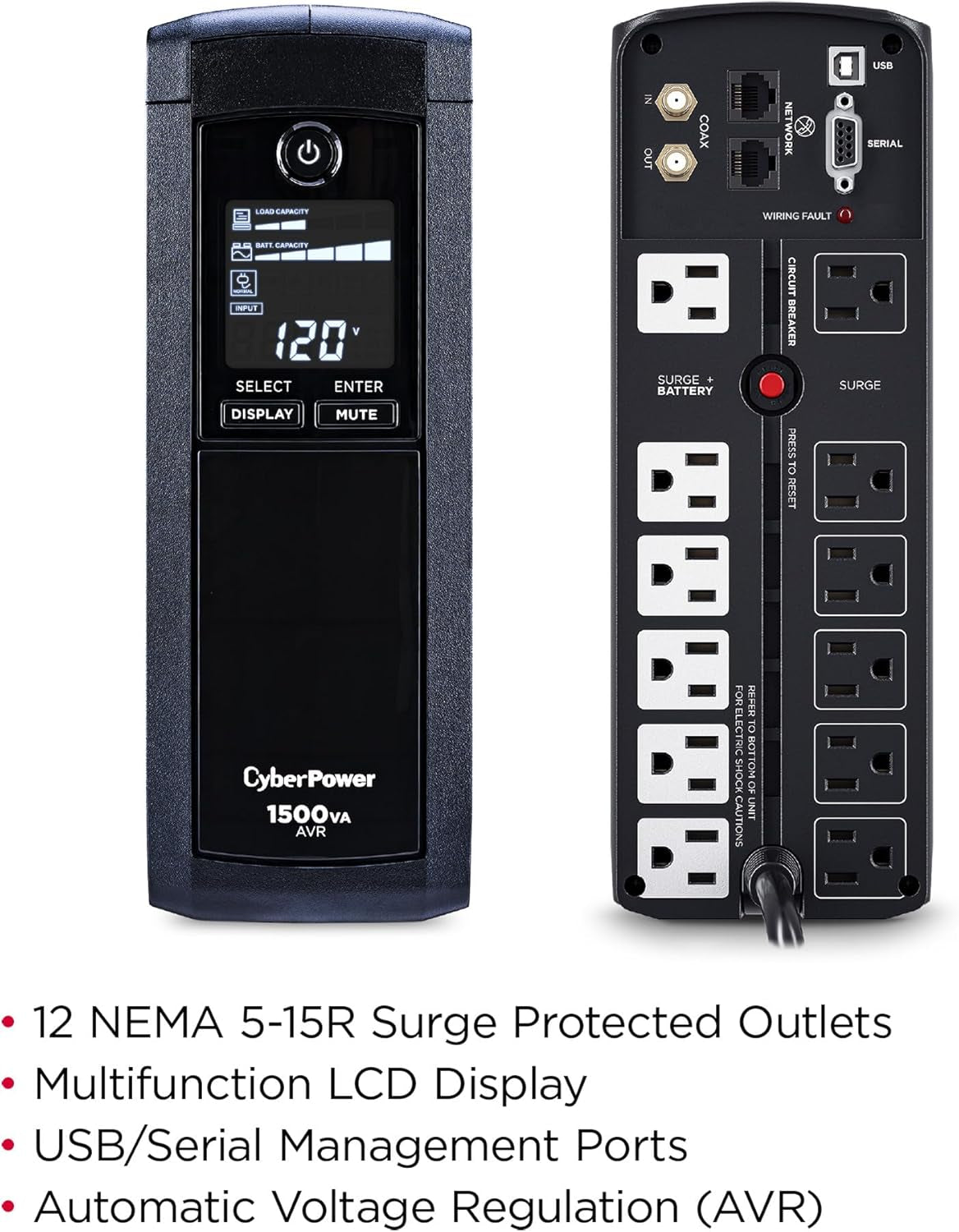 CP1500AVRLCDTAA Intelligent LCD UPS Battery Backup and Surge Protector, 1500VA, 900W, 12 Outlets, AVR, Mini Tower, TAA Certified, UL Certified