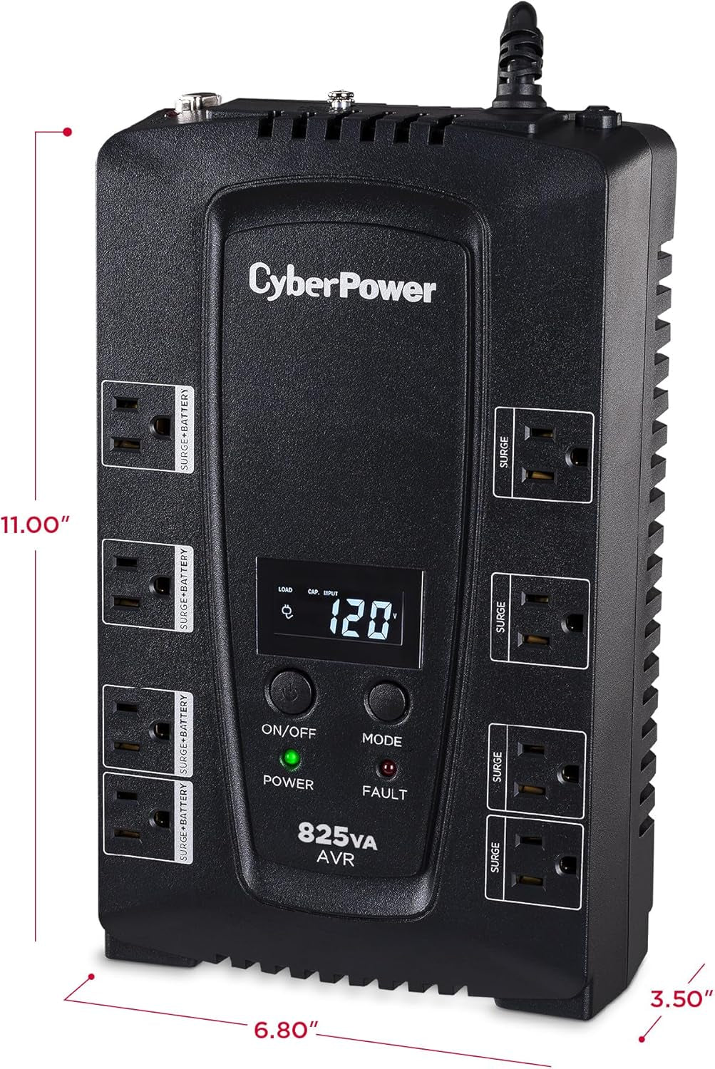 CP825AVRLCD Intelligent LCD UPS Battery Backup and Surge Protector, 825VA/450W, 8 Outlets, AVR, Compact, UL Certified