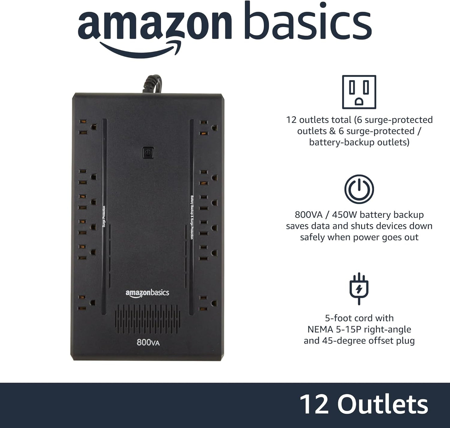 UPS Battery Backup & Surge Protector 800VA/450W, 12 Outlets, Standby Uninterruptible Power Supply, for Power Outage Protection, Compact, Black