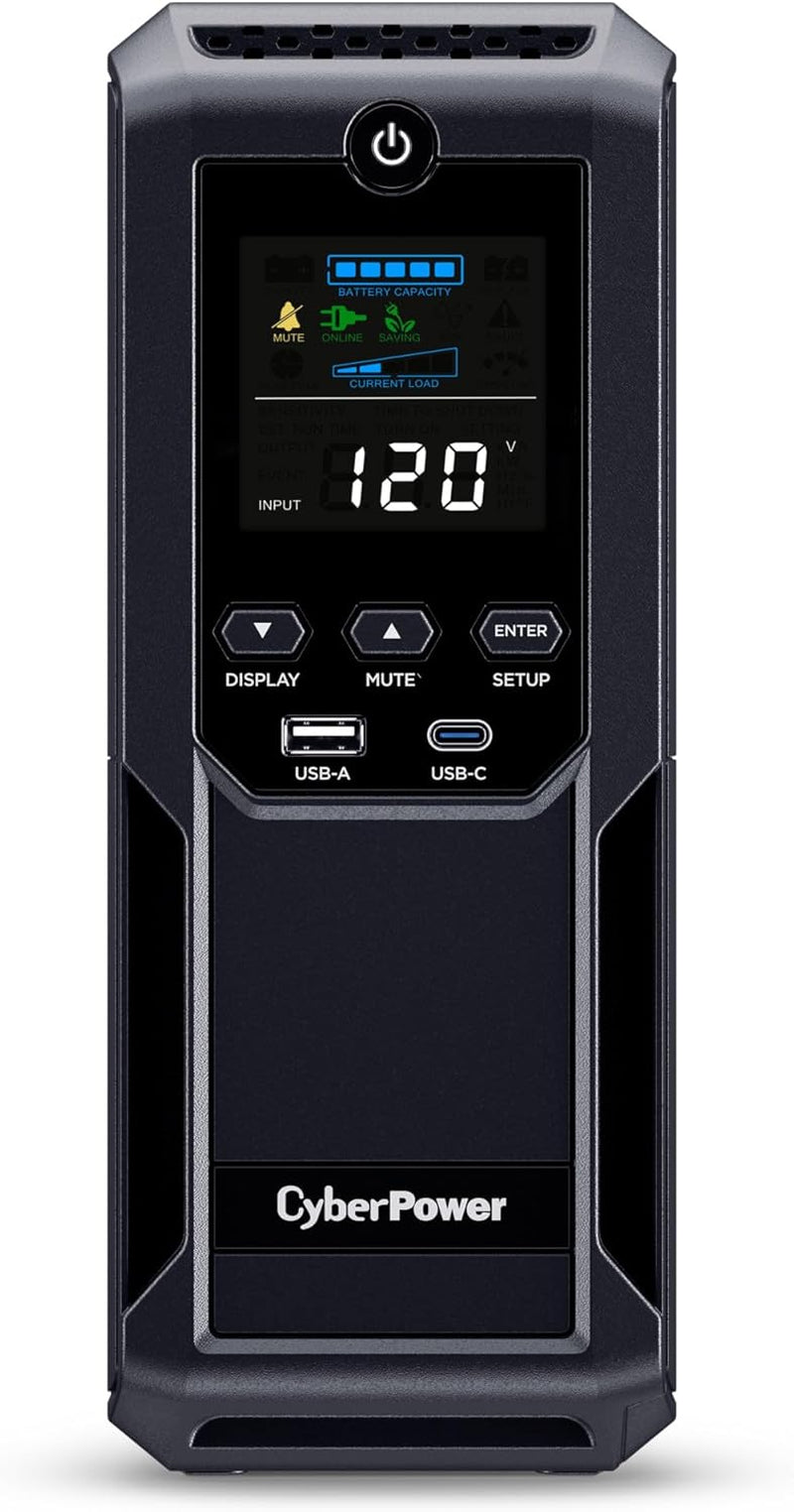 CP1500AVRLCD3 Intelligent LCD UPS System, 1500VA/900W, 12 Outlets, 2 USB Ports, AVR, Mini Tower, Black