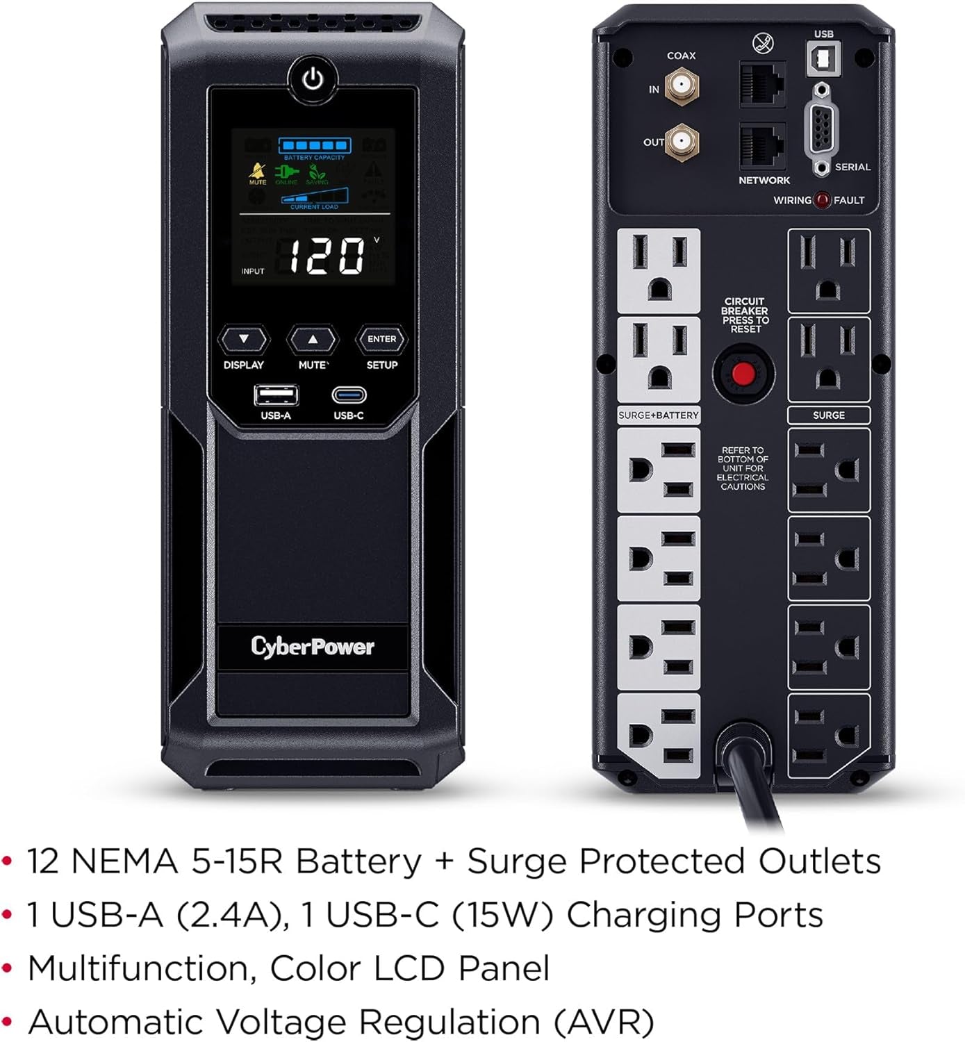 CP1500AVRLCD3 Intelligent LCD UPS System, 1500VA/900W, 12 Outlets, 2 USB Ports, AVR, Mini Tower, Black