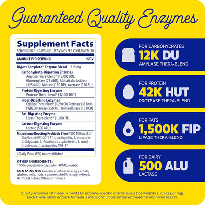 , Digest Complete + Probiotics, Gentle Digestive Enzymes with 400 Million CFU Active Cultures per Capsule, 30 Capsules