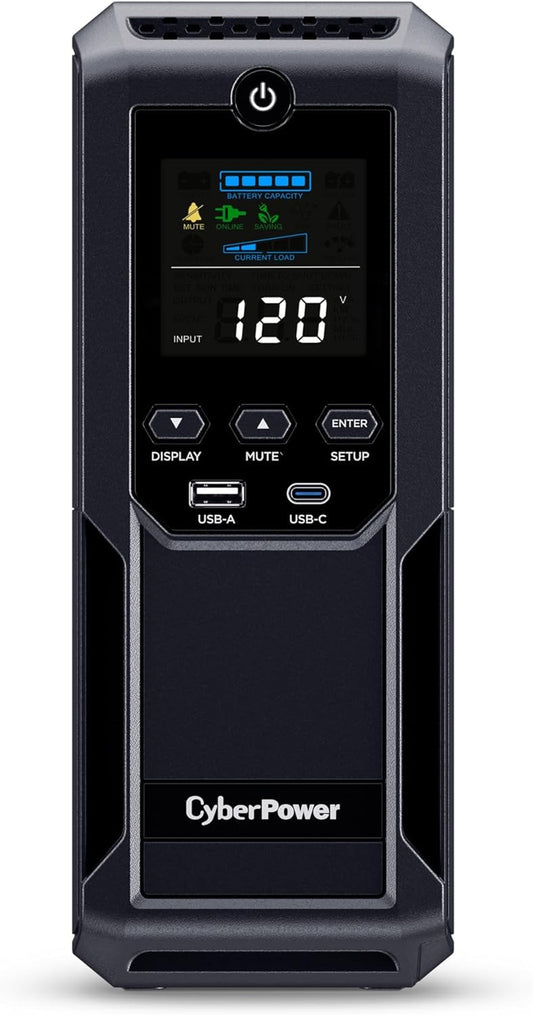 CP1500AVRLCD3 Intelligent LCD UPS System, 1500VA/900W, 12 Outlets, 2 USB Ports, AVR, Mini Tower, Black